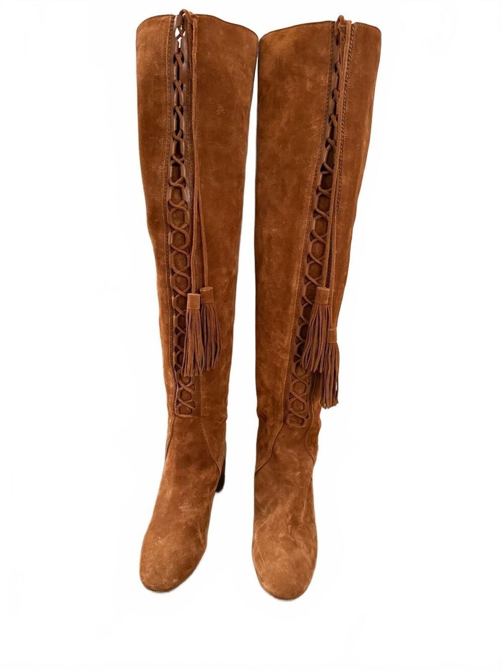 Michael Kors Collection Cognac Suede Knee High Tassel Boots Italy EU 38